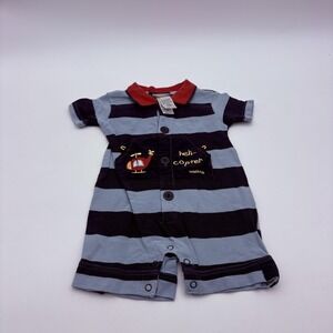 Weebok Romper Boys 12M Blue Striped Helicopter Pocket Collared Knit One Piece